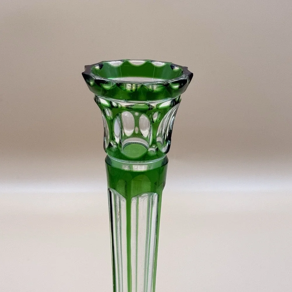 Vintage Czech Bohemian Green Cut to Clear Crystal Candlestick 9.5